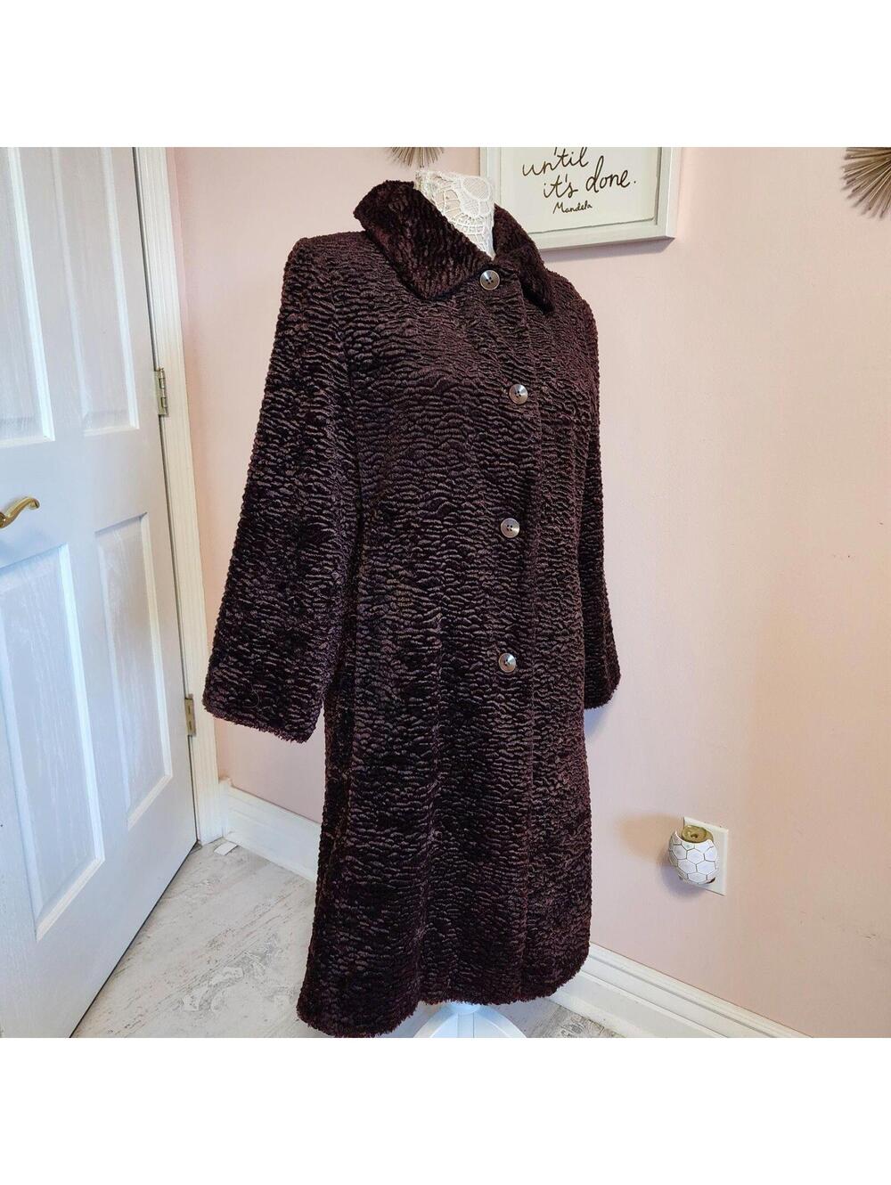 Utex Brown Faux Persian Lamb Coat Women’s L Textured Long Astrakhan Style